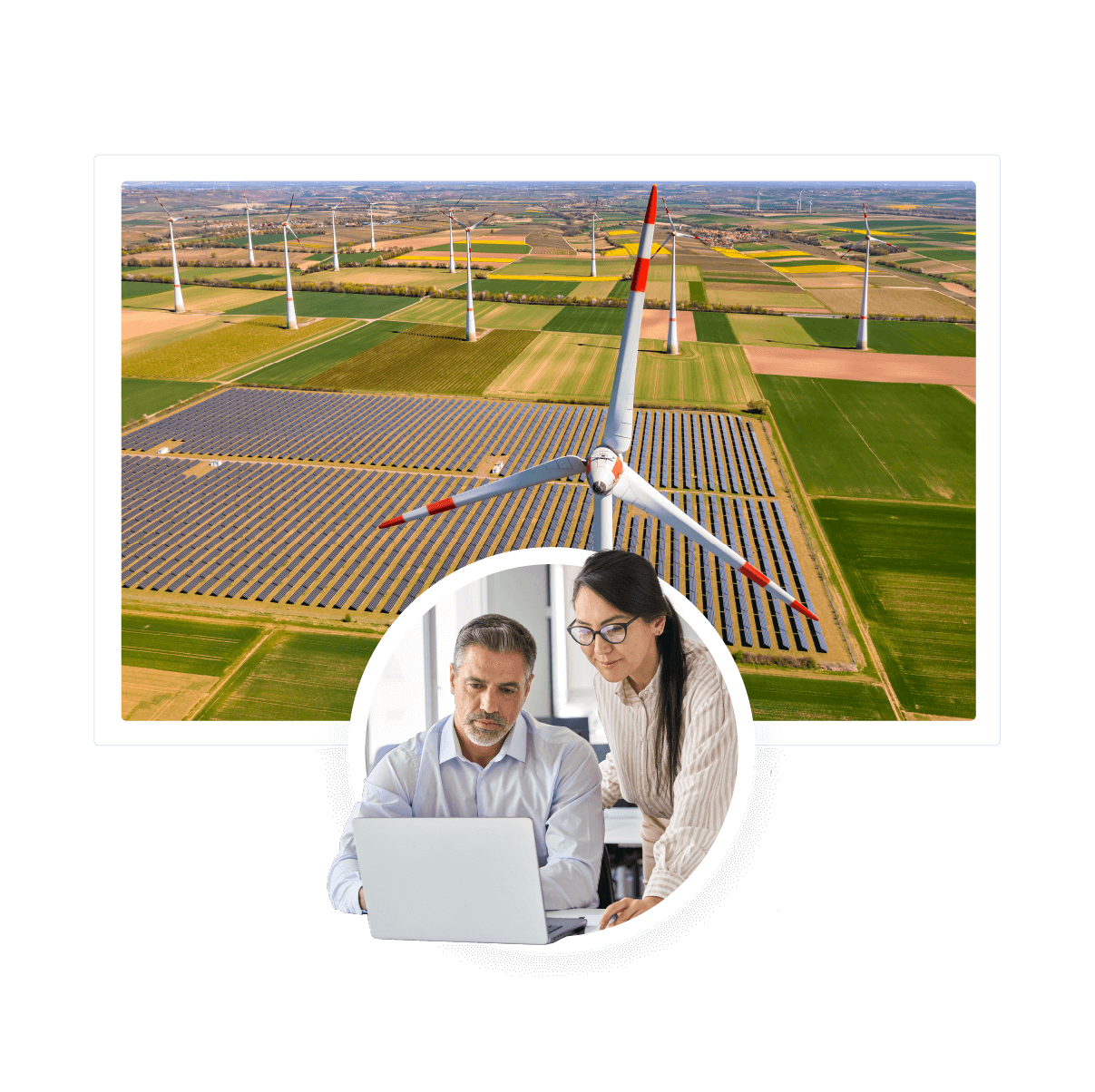 A wind and solar site and two people discussing