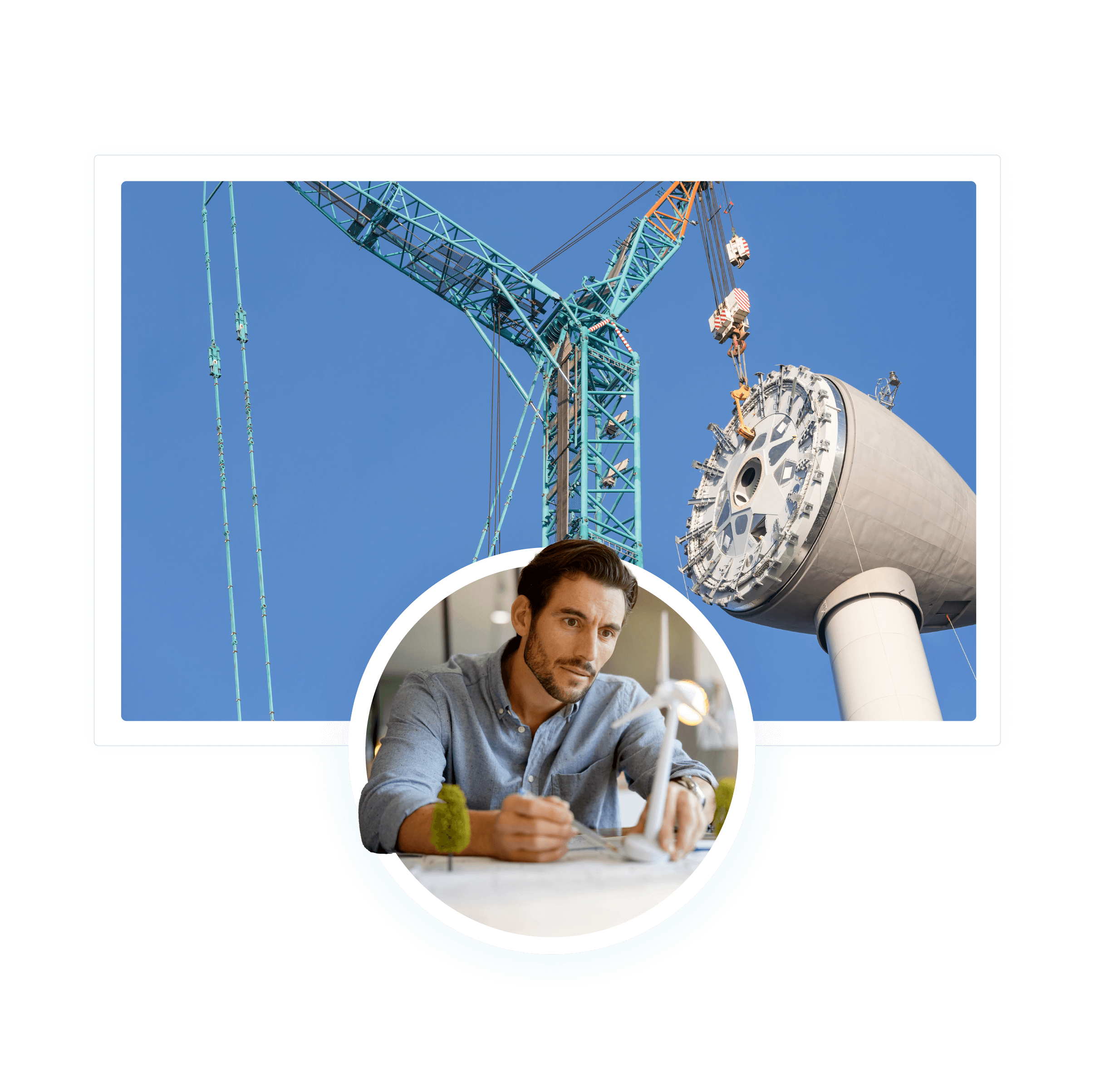 A wind turbine being built and a man reviewing plans