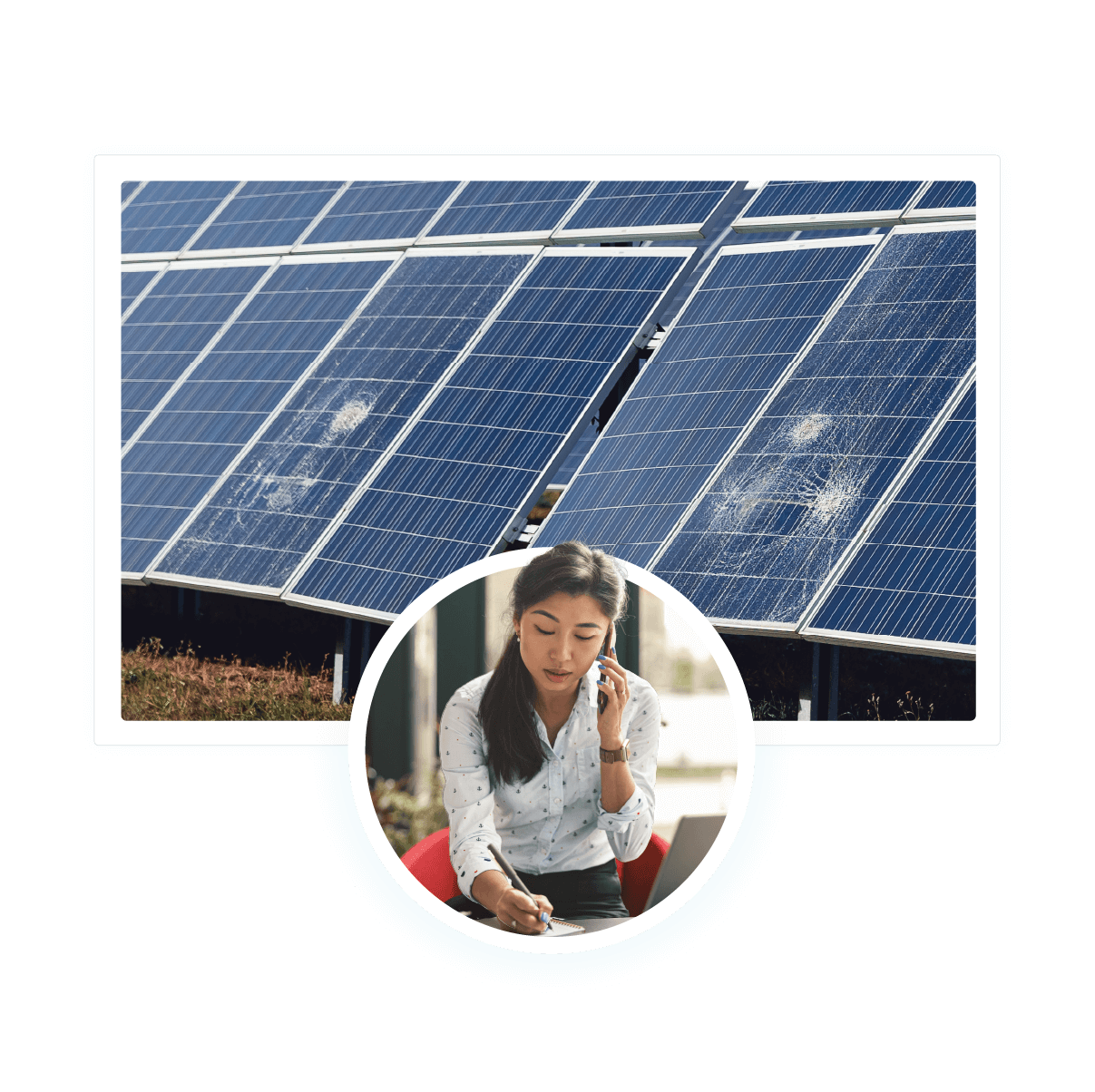 A broken solar panel and a women calling to make an insurance claim