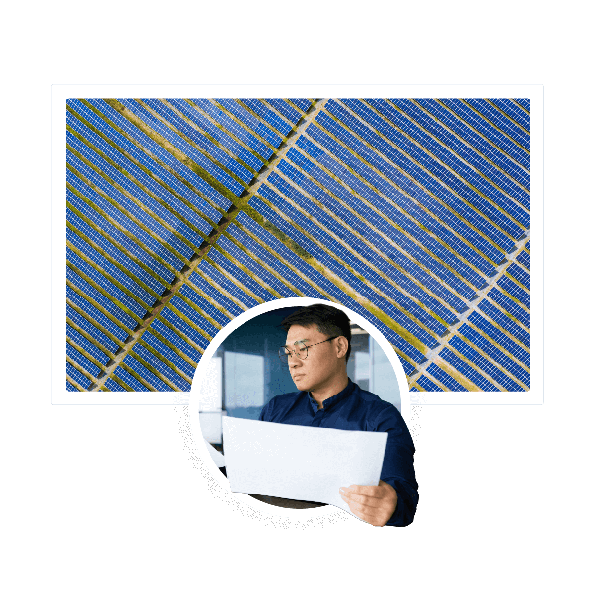 A solar panel site with a man reviewing operations