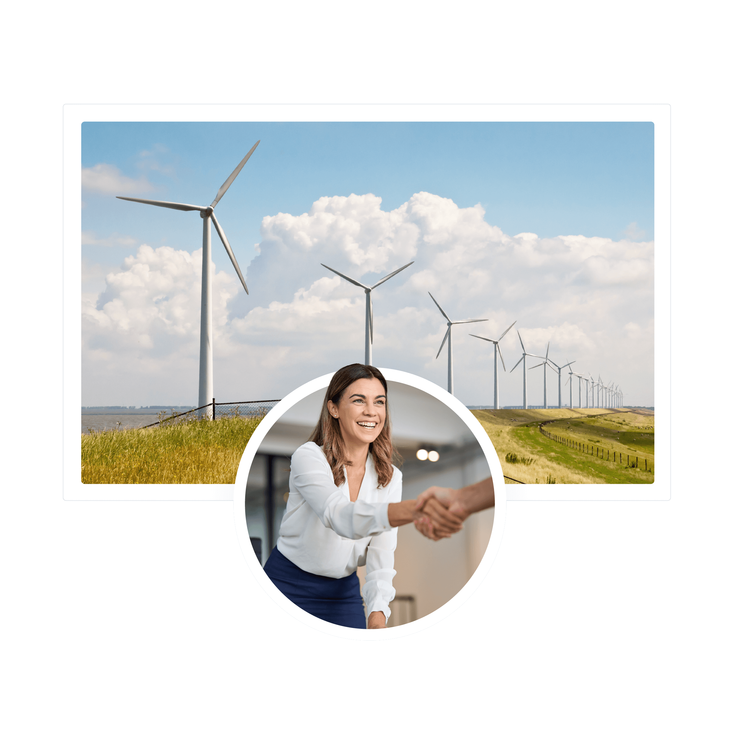An image of a wind turbine site and a women making a deal