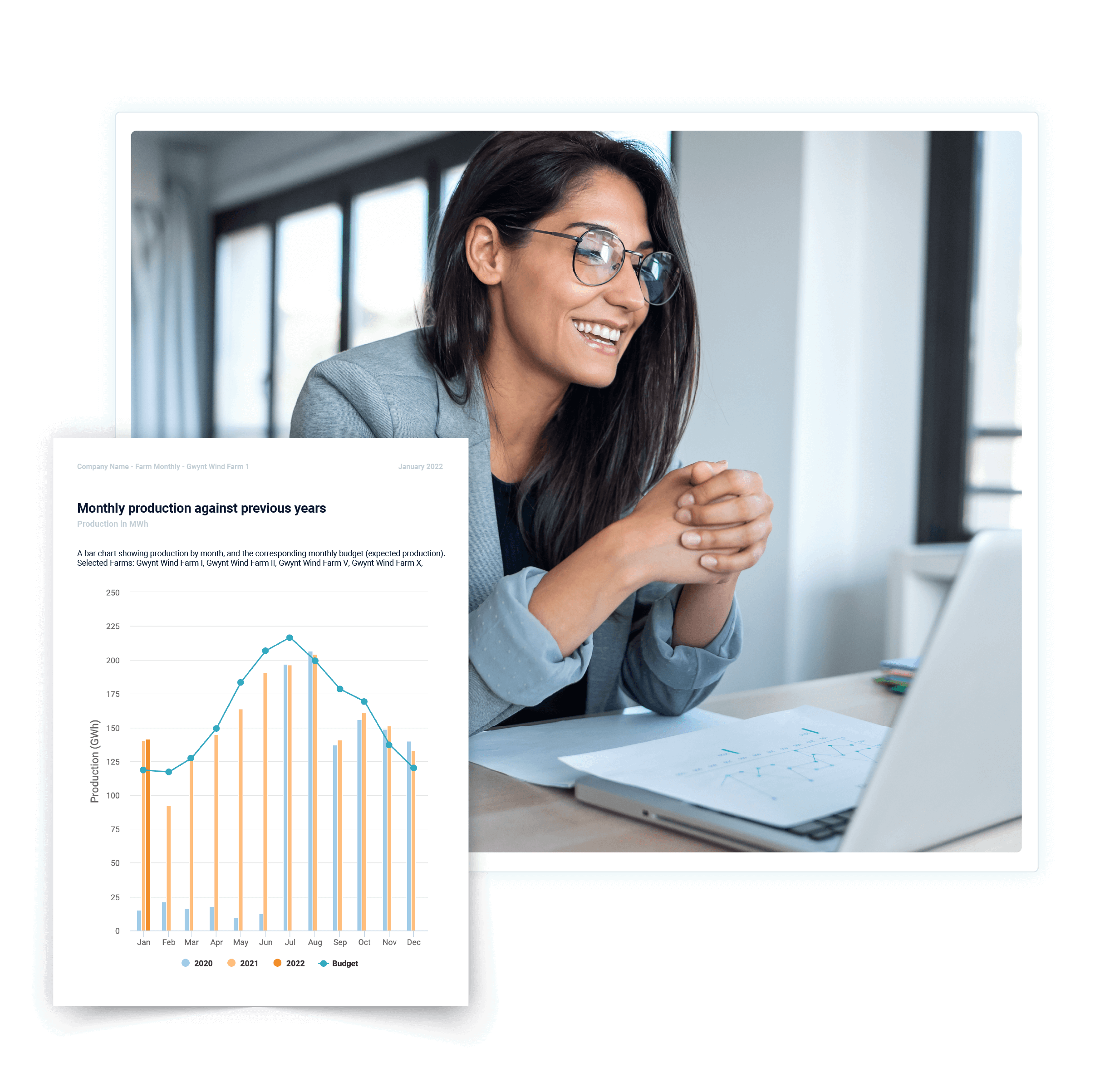 Image of a woman smiling at her laptop with a sample page of Clir's insight report