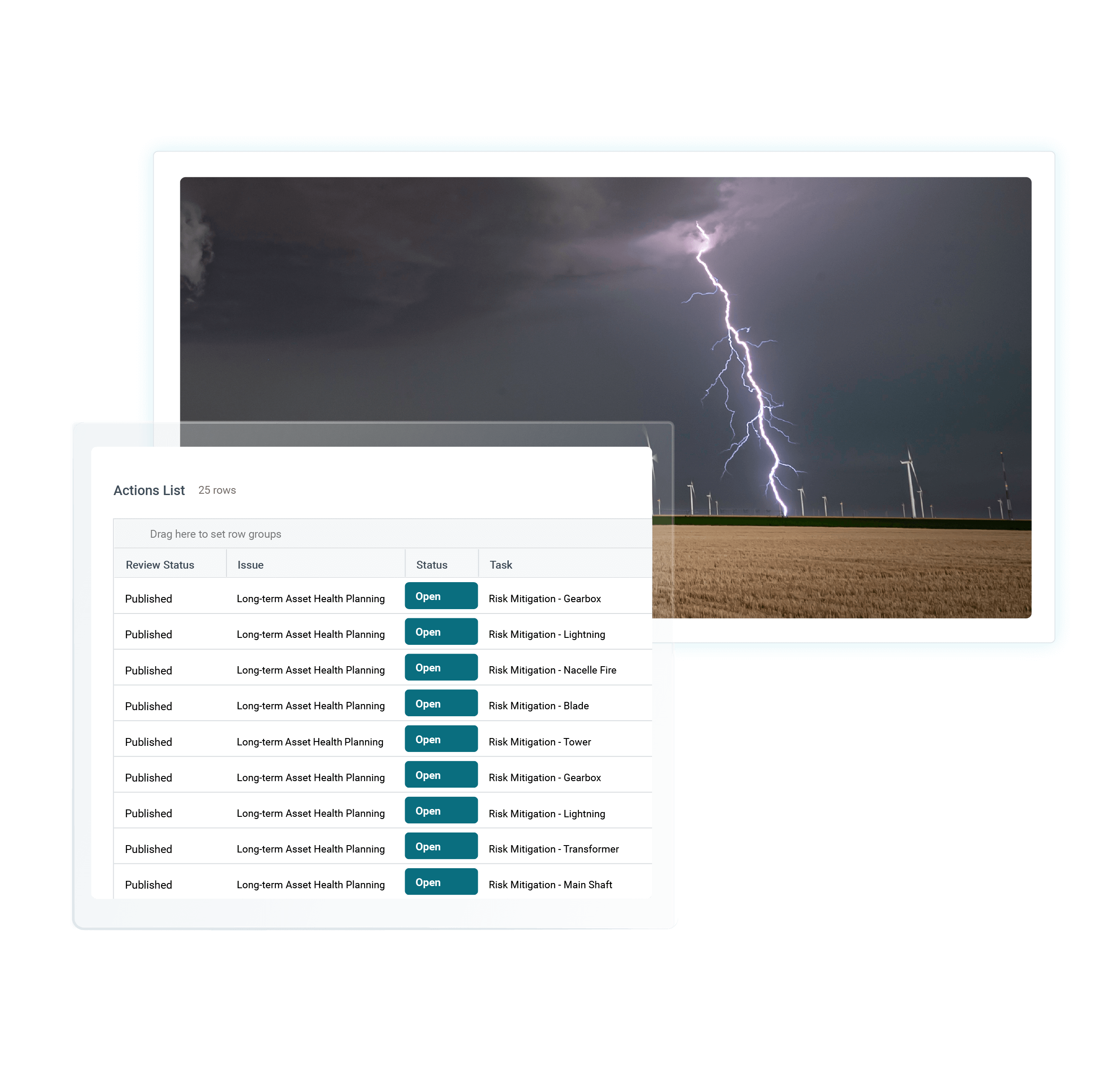 Image of lighting striking a wind turbine with a screenshot of Clir's action panel 
