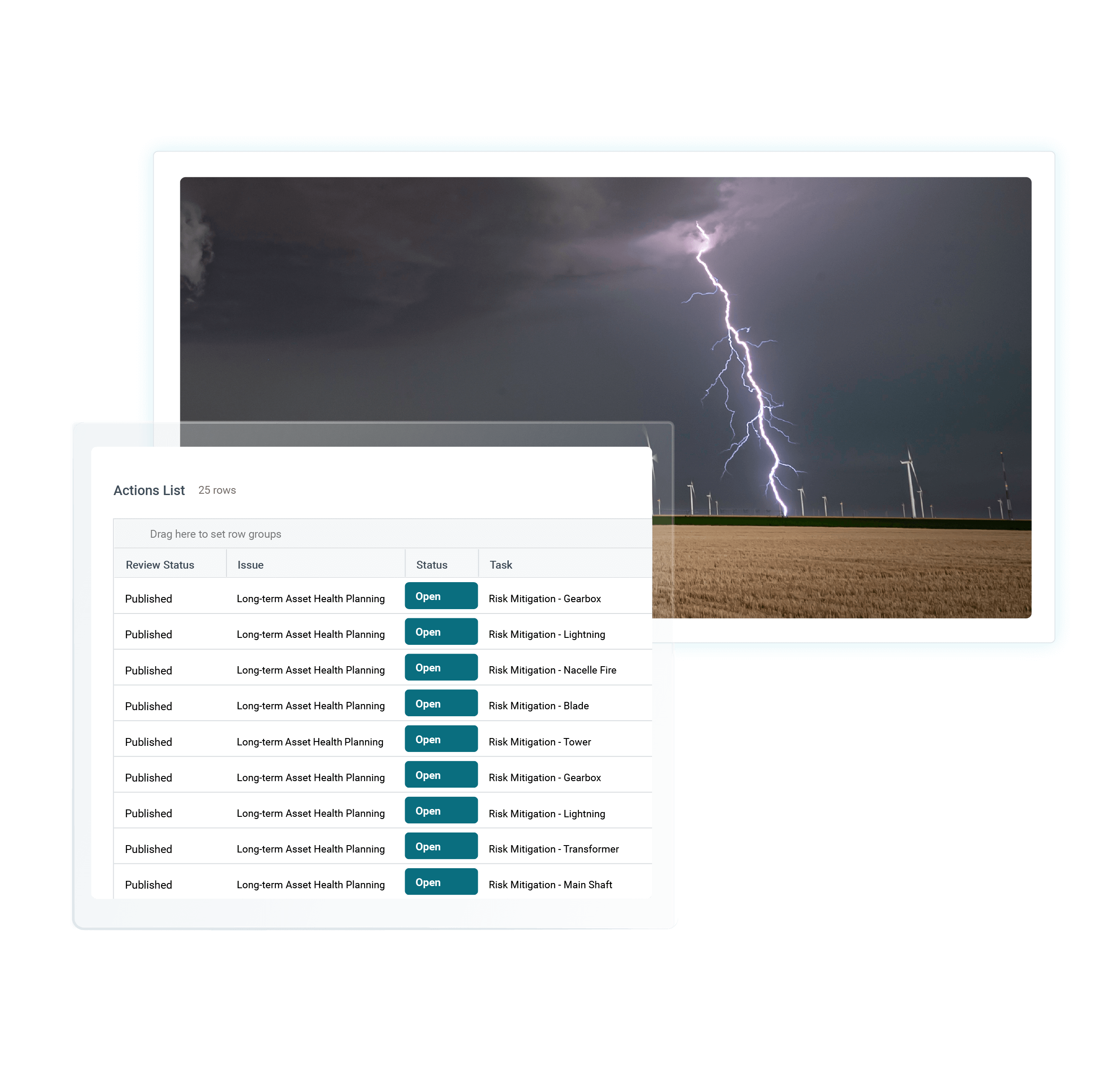 Image of lighting striking a wind turbine with a screenshot of Clir's action panel